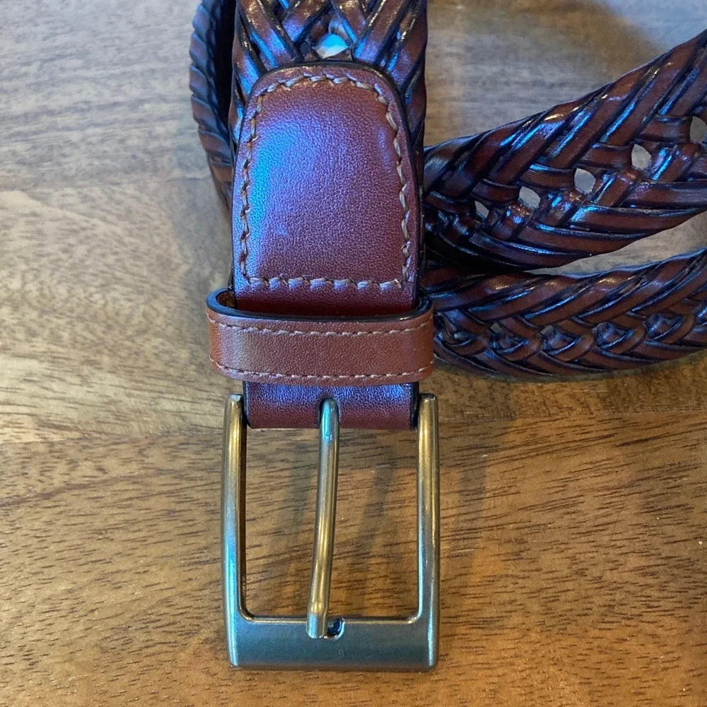 Men's Brown Herringbone‎ Leather Trim Belt Size 36 Classic Basic Brushed Gold